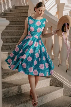 Topvintage Boutique Collection Adriana Swingjurk Met Bloemenprint In Groenblauw Blauw>Vrouwen Plus Size Jurken