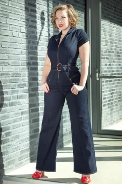 Rock-a-Booty Audrey Jumpsuit Short Sleeve In Donkerdenim>Vrouwen Playsuits & Jumpsuits