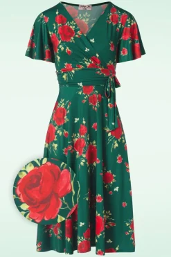 Vintage Chic for Topvintage Irene Flower Cross Over Swing Jurk In Silky Green>Vrouwen Plus Size Jurken