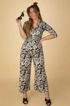 Vintage Chic for Topvintage Lina Leaf Print Jumpsuit In Zwart>Vrouwen Playsuits & Jumpsuits