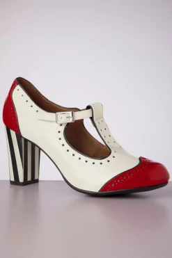Nemonic Ojo T-Strap Pumps In Creme En Rood><noscript><img width=