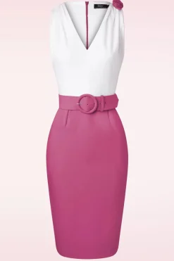 Vintage Diva The Kellie Pencil Jurk In Gebroken Wit En Donker Magentaroze><noscript><img width=